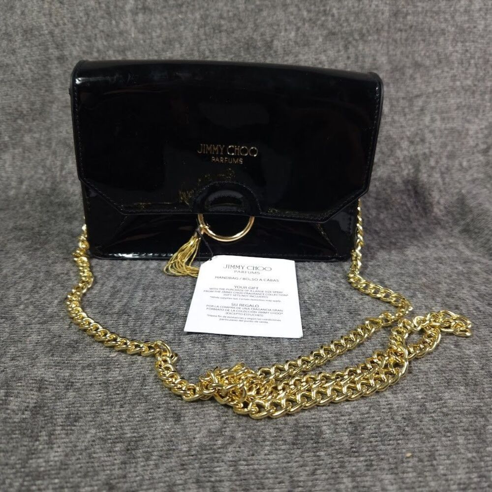 Jimmy Choo Logo Tassel Clutch Crossbody Shoulder Bag Purse Gold Chain